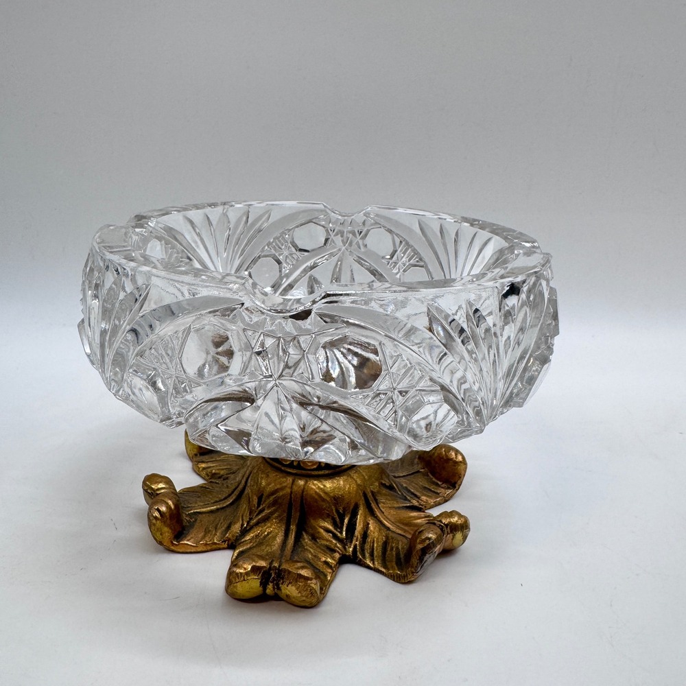 Vintage Cut Crystal Ashtray Gold Acanthus Leaf Pedestal Hollywood Regency